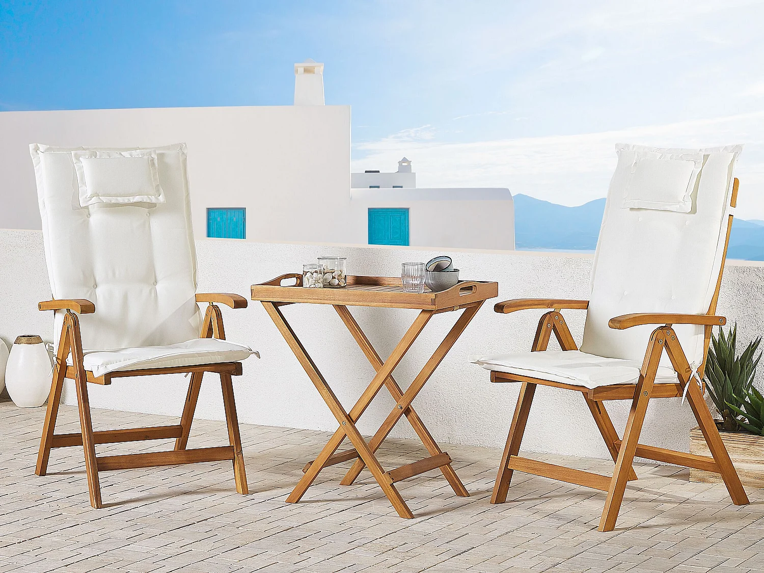 Ensemble pour bistro avec coussins Pliant JAVA Acacia Blanc cassé