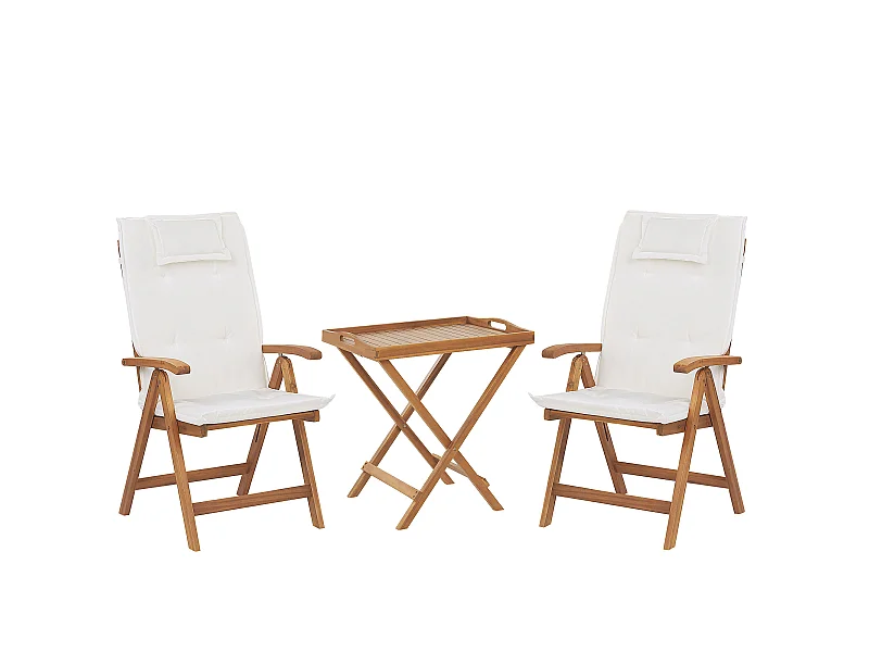 Ensemble bistrot avec coussins Pliant JAVA Acacia Blanc cassé