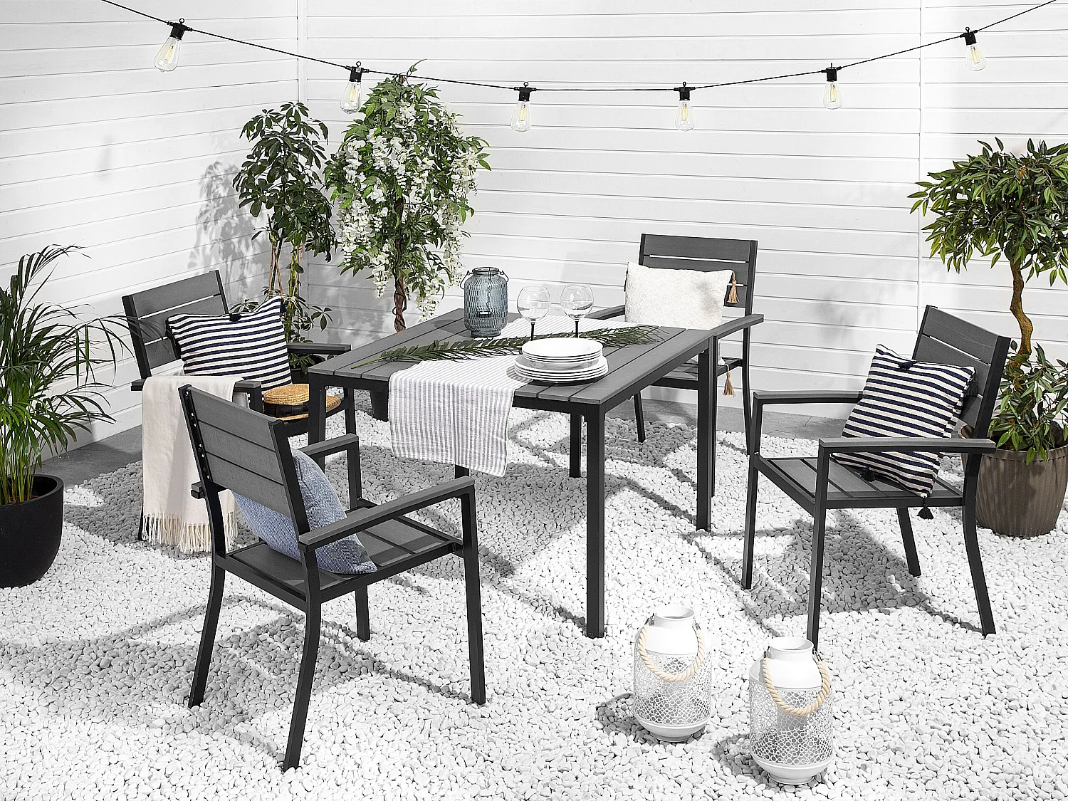 Gartenmöbel Set für 4 Personen Aluminium schwarz Kunstholz grau modern Prato