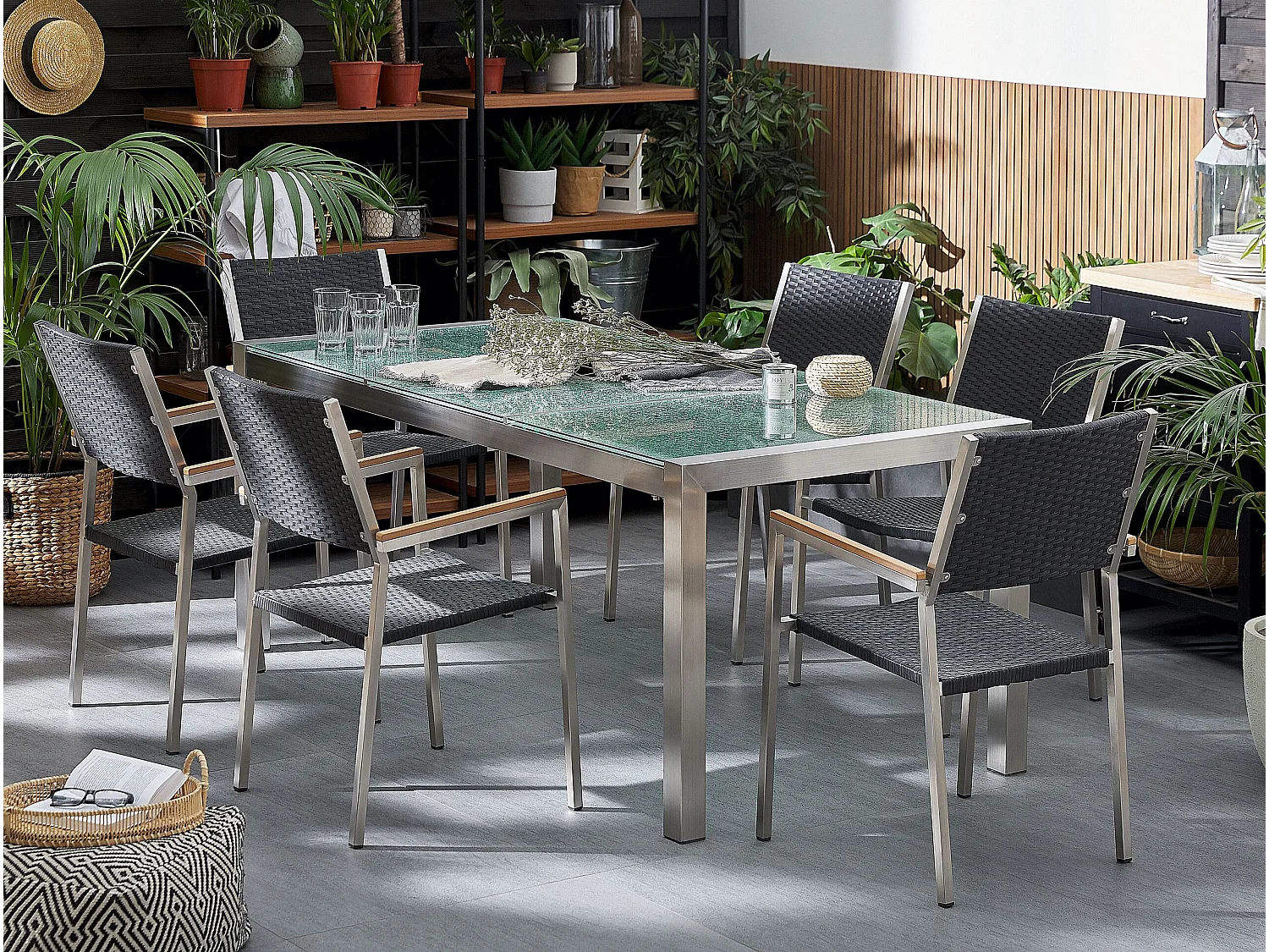 Salle à manger de jardin 6 places GROSSETO Triple plaque Verre fissuré Transparent/noir