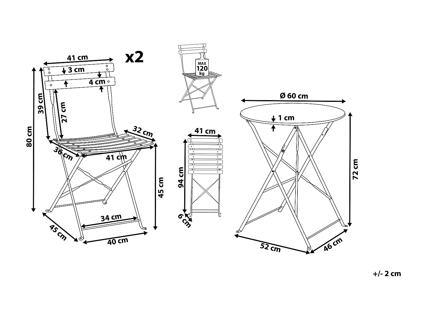 Balkonset Metall mintgrün 3-teilig Tisch rund 2 Stühle klappbar modern Fiori