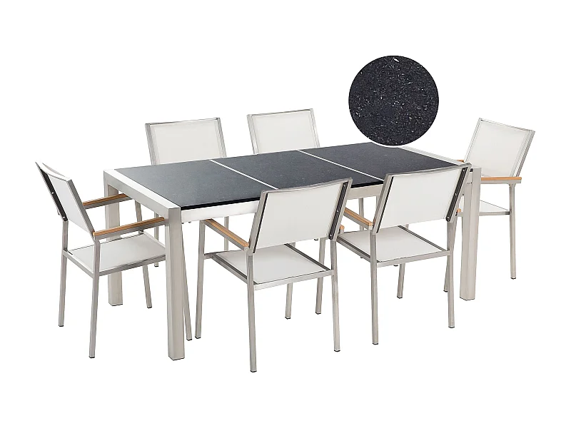 Gartenmöbel Set 6-Sitzer GROSSETO Dreifachplatte Granit Polierter Schwarz / Weiss
