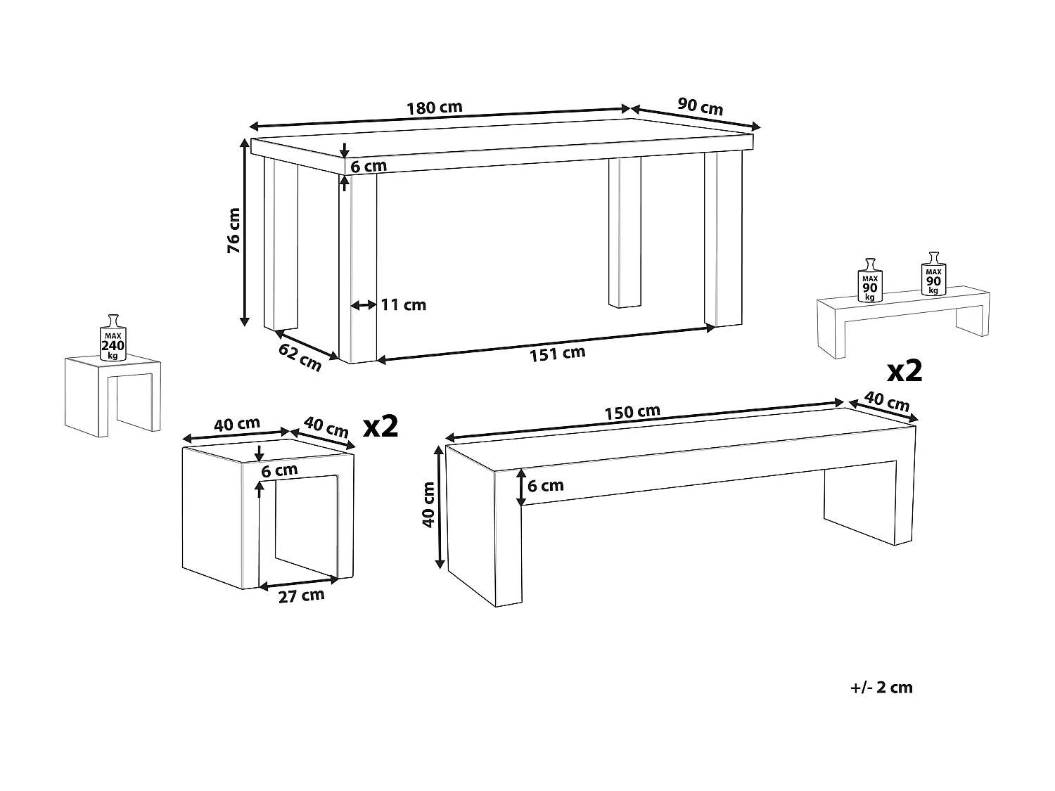 Salle à manger de jardin avec bancs et tabourets 6 places TARANTO Béton Gris