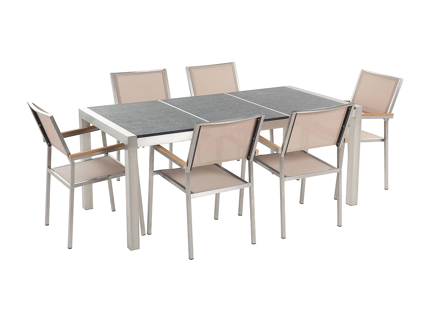 Salle à manger de jardin 6 places GROSSETO Triple plaque Basalte Flammé Noir/beige