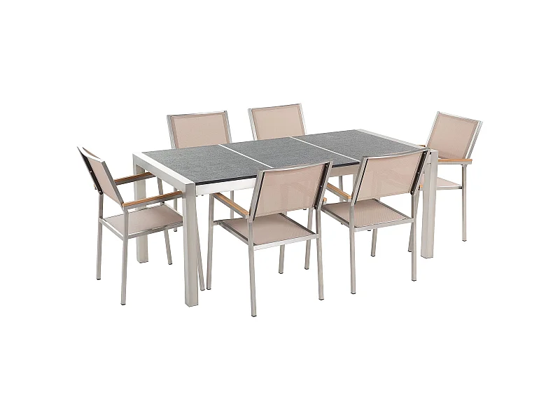 Set da pranzo da giardino 6 posti GROSSETO Piastra tripla Basalto fiammato Nero/ Beige