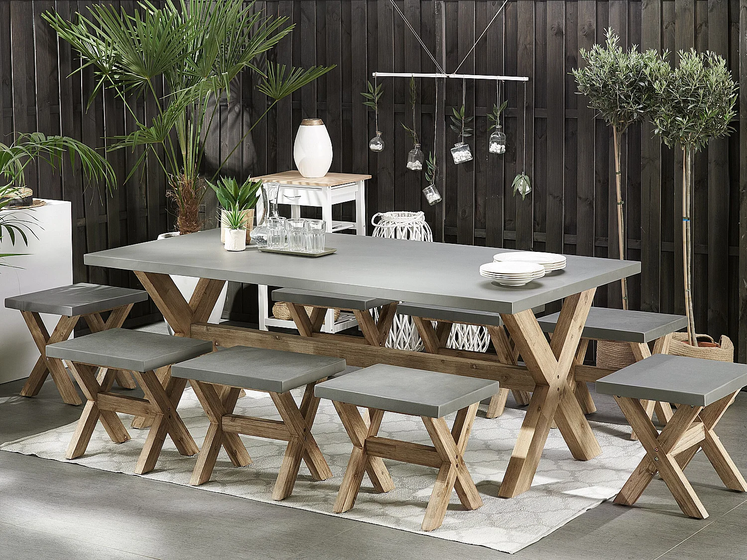 Conjunto de comedor exterior con taburetes 8 plazas OLBIA Cemento Gris