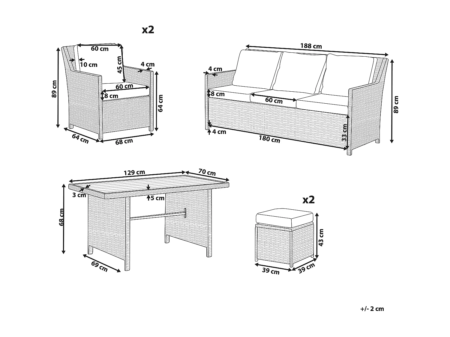 Lounge Set aus Polyrattan braun Tisch Hocker Sessel Auflagen weiß 5-Sitzer Fonti