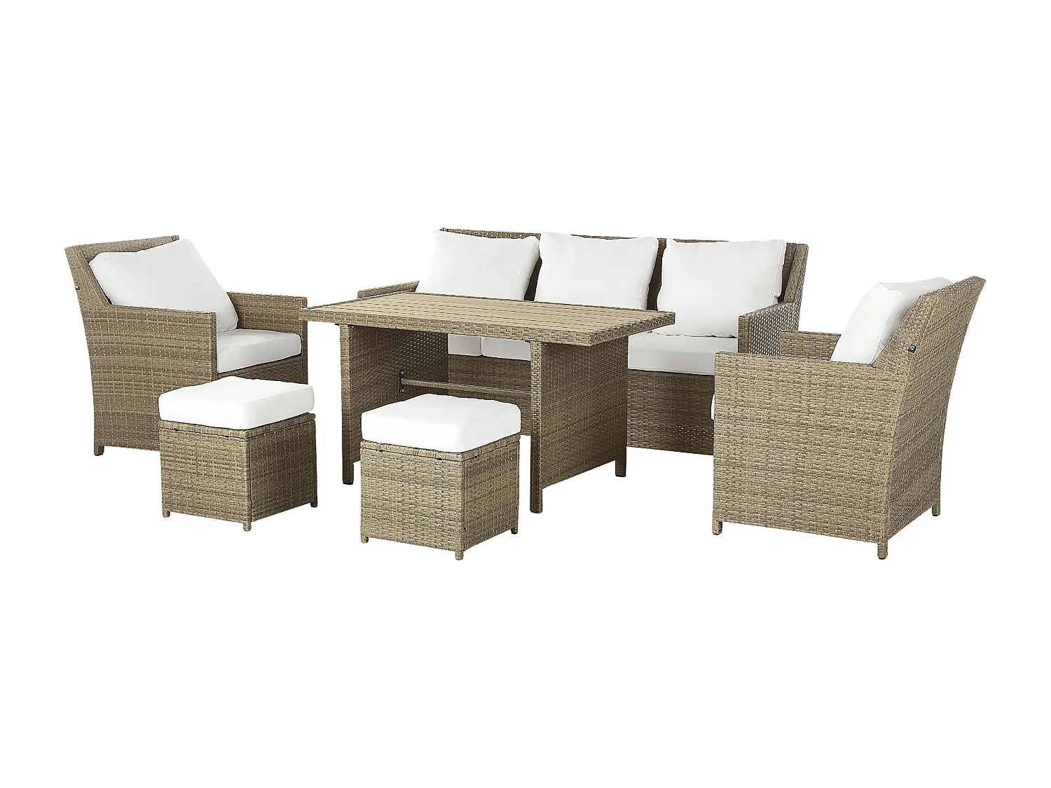 Lounge Set aus Polyrattan braun Tisch Hocker Sessel Auflagen weiß 5-Sitzer Fonti