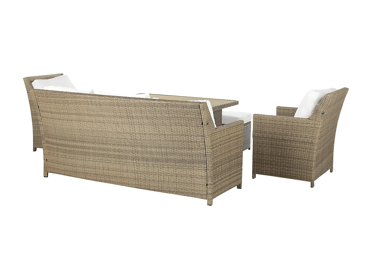Lounge Set aus Polyrattan braun Tisch Hocker Sessel Auflagen weiß 5-Sitzer Fonti