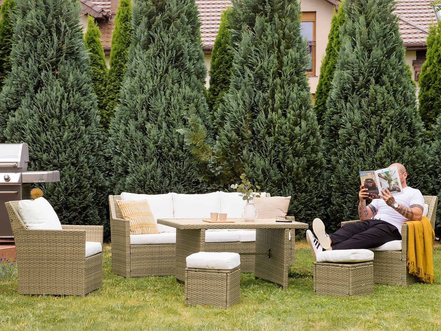 Loungeset met tafel en ottomaan 5-zitter FONTI met kussens Bruin