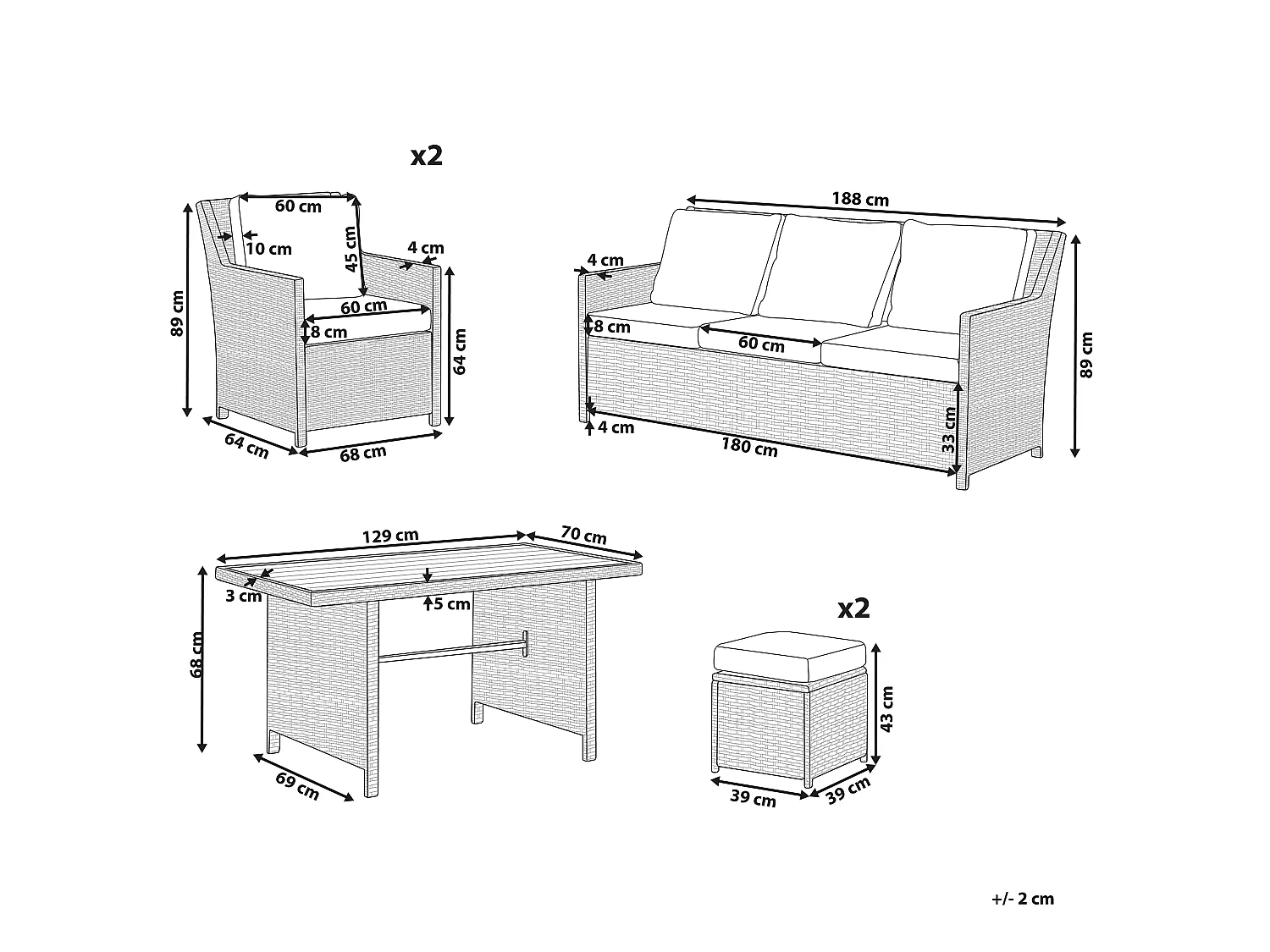 Loungeset met tafel en ottomaan 5-zitter FONTI met kussens Bruin