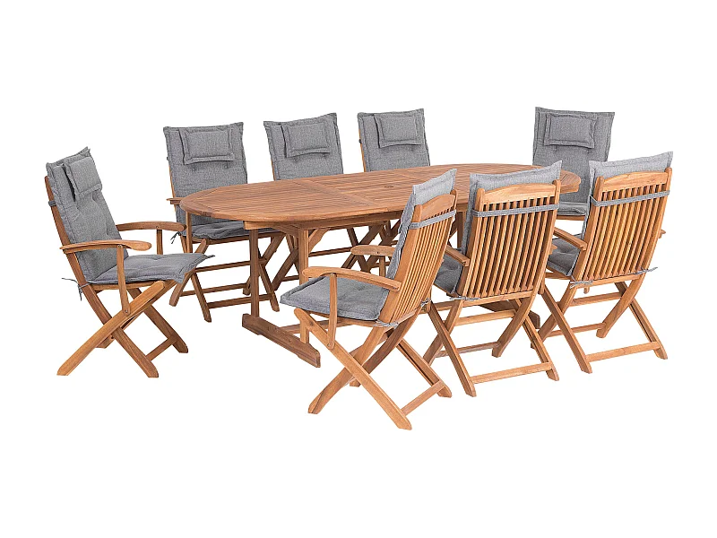 Gartenset Akazienholz hellbraun 8-Sitzer Ausziehtisch Auflagen grau Maui