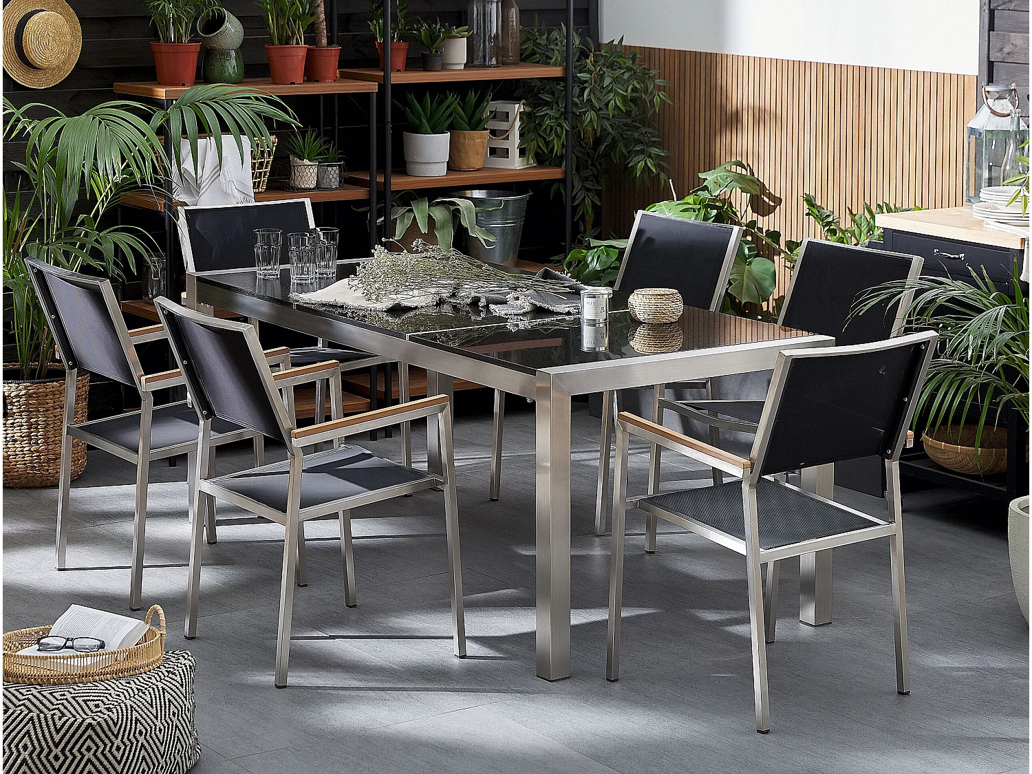 Gartenmöbel Set Tisch 180 cm mit 3 Platten Schwarz / grau 6 Stühle in Schwarz