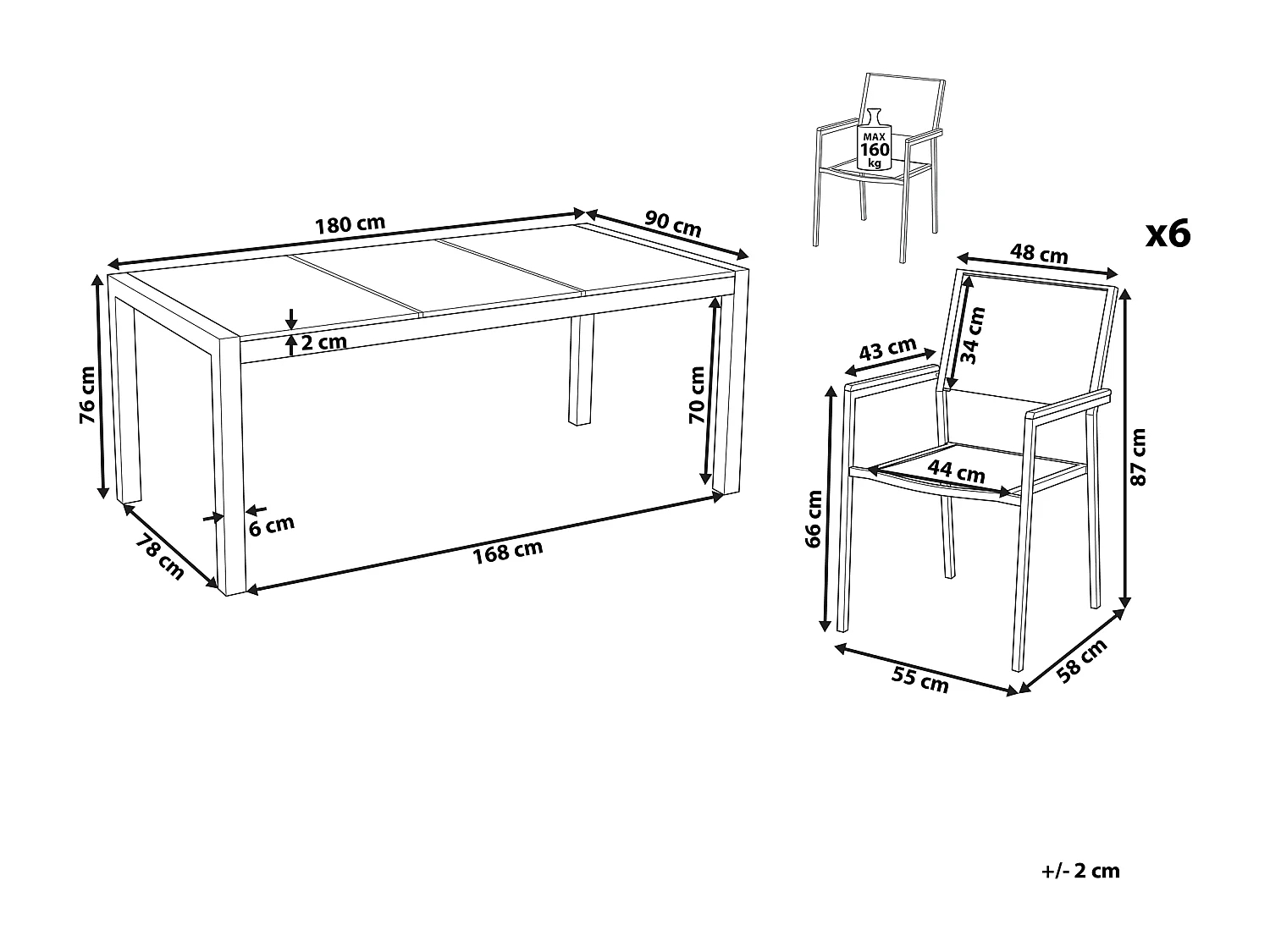 Gartenmöbel Set Tisch 180 cm mit 3 Platten Schwarz / grau 6 Stühle in Schwarz