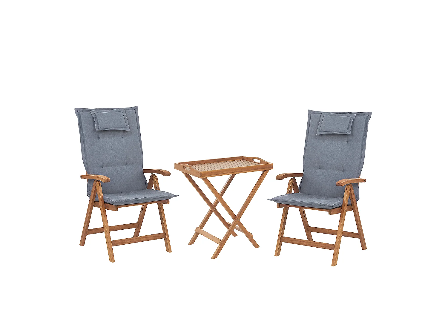 Balkonset Akazienholz hellbraun Tisch mit 2 Stühlen und Auflagen blau Java