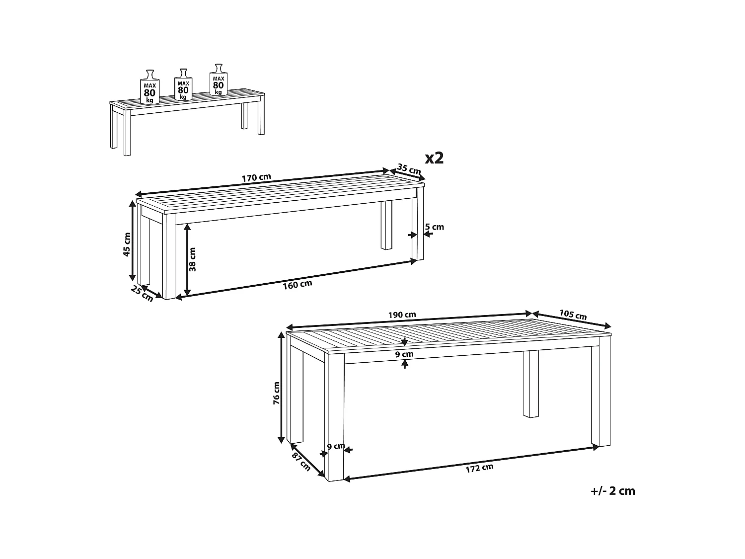 Salle à manger de jardin avec bancs 6 places MONSANO Bois d'eucalyptus Marron