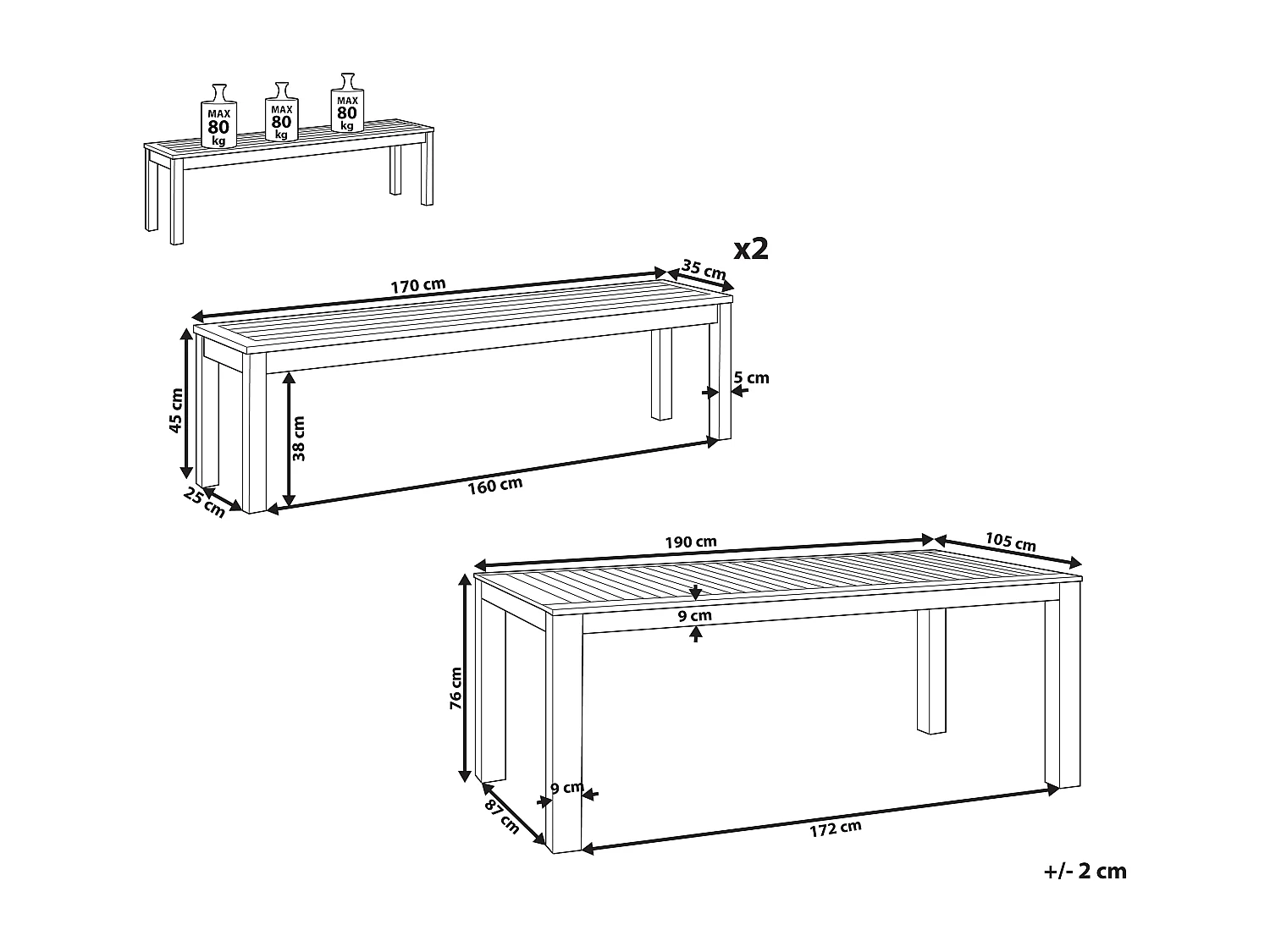 Gartenmöbel Set Eukalyptusholz hellbraun Esstisch 190 x 105 cm mit 2 Bänken Monsano