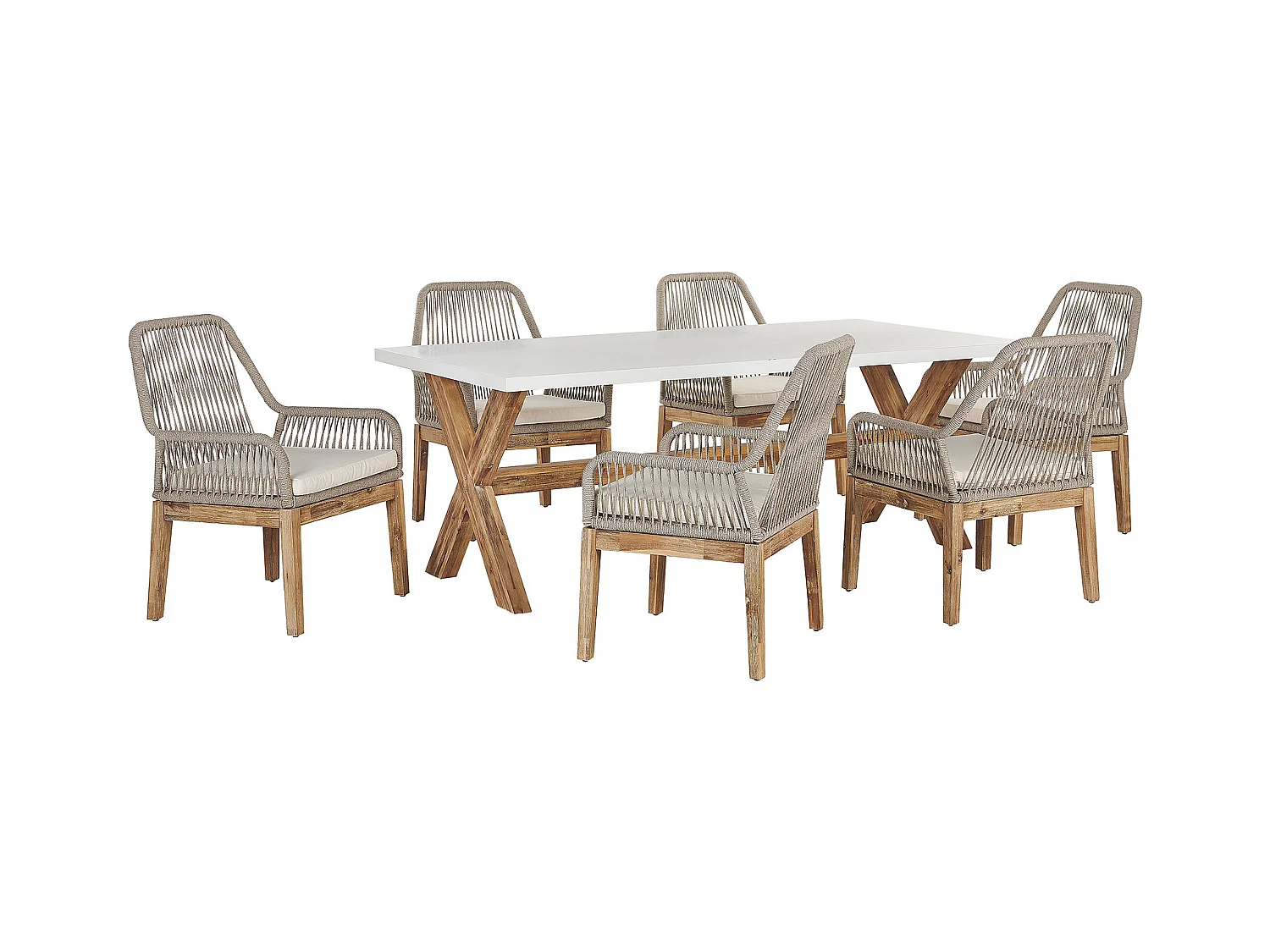 Moderner Gartentisch mit 6 Geflecht-Stühlen Faserzement weiß / beige Olbia