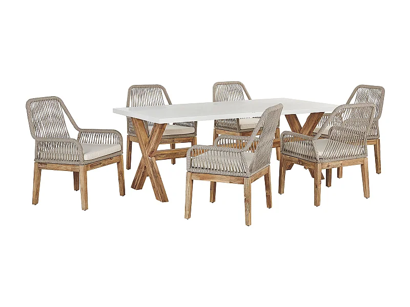 Moderner Gartentisch mit 6 Geflecht-Stühlen Faserzement weiß / beige Olbia