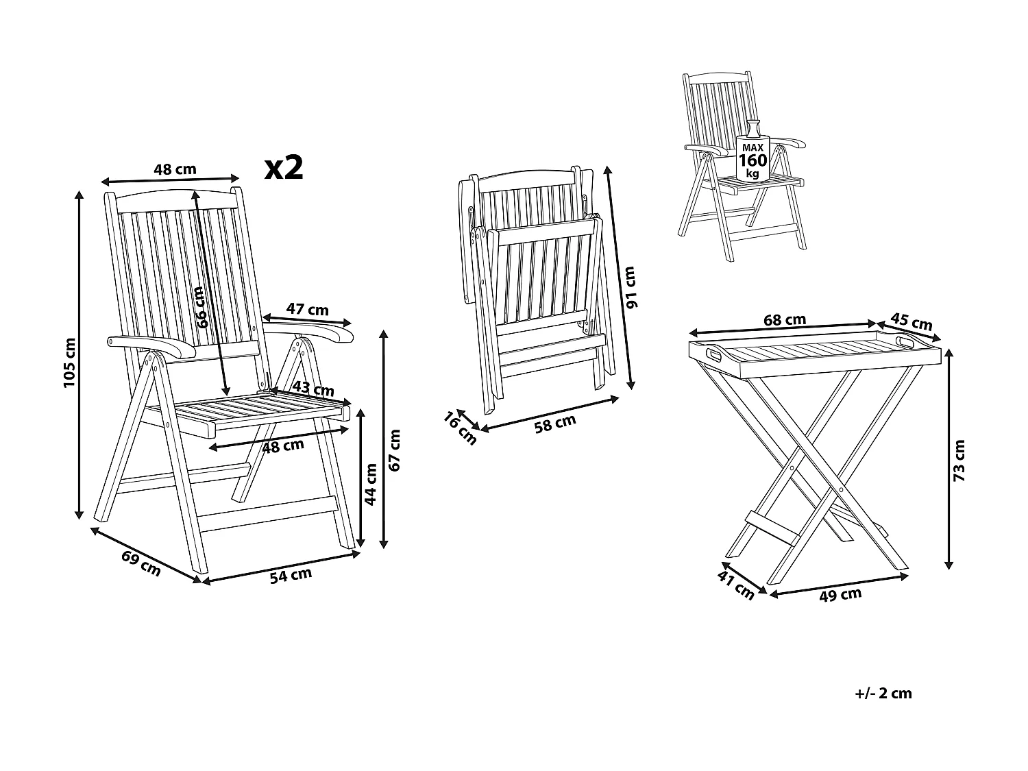 Balkonset hellbraun Akazienholz Verstellbar 2er Set Rustikal Java