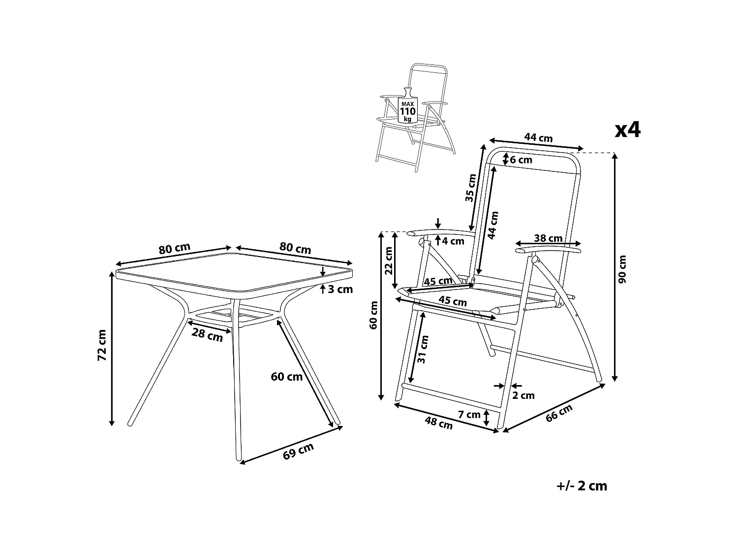 Salle à manger de jardin 4 places LIVO Métal Noir