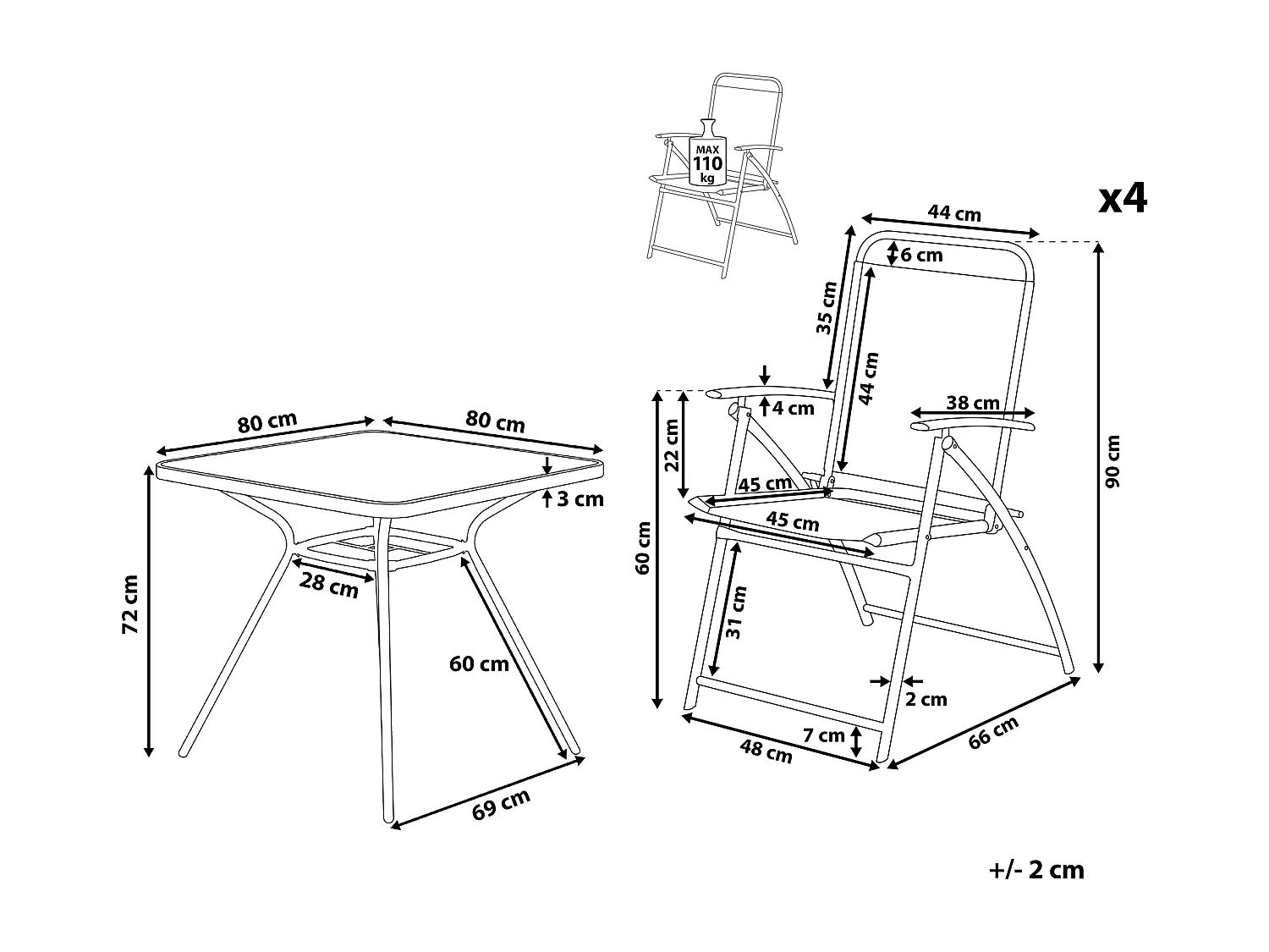 Modernes Gartenmöbel Tisch mit 4 Stühlen Metall/Sicherheitsglas schwarz Livo