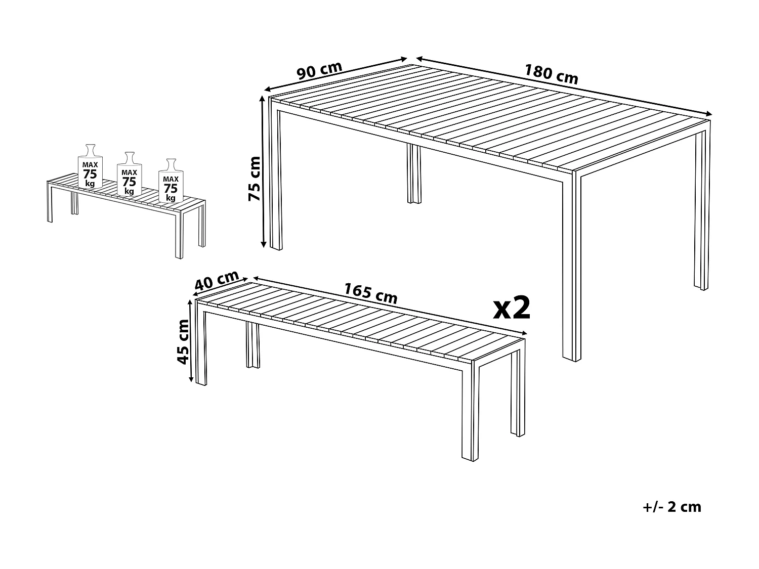 Praktisches Gartenmöbel Set Kunstholz 2 Bänke Tisch weiß Nardo