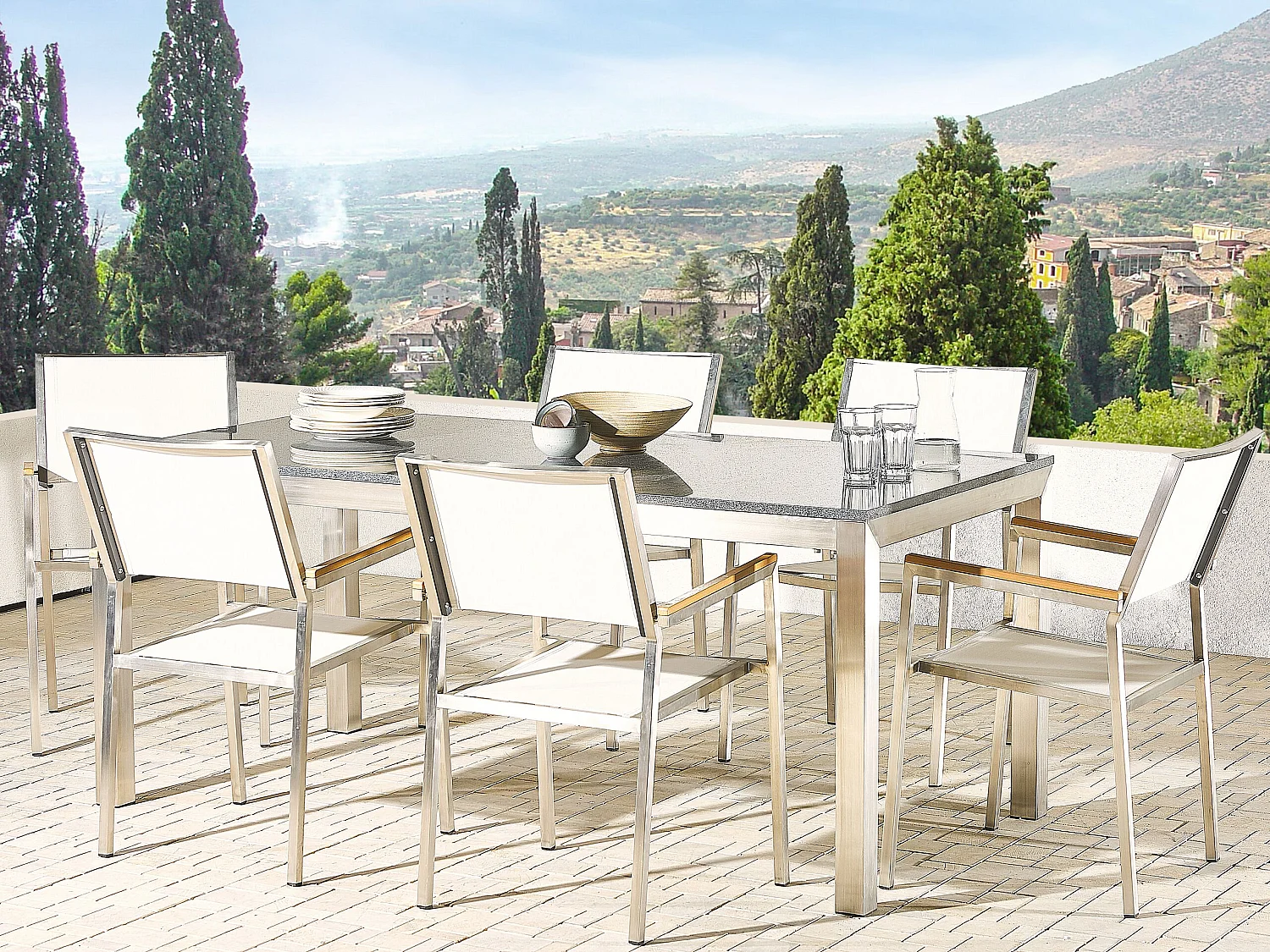 Conjunto de refeições de jardim 6 lugares GROSSETO Granito Polido Cinzento/Branco