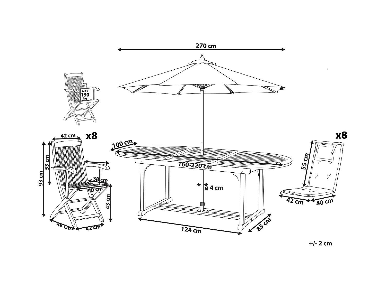 Gartenmöbel Set 8-Sitzer MAUI mit Schirm Akazienholz Dunkelrot