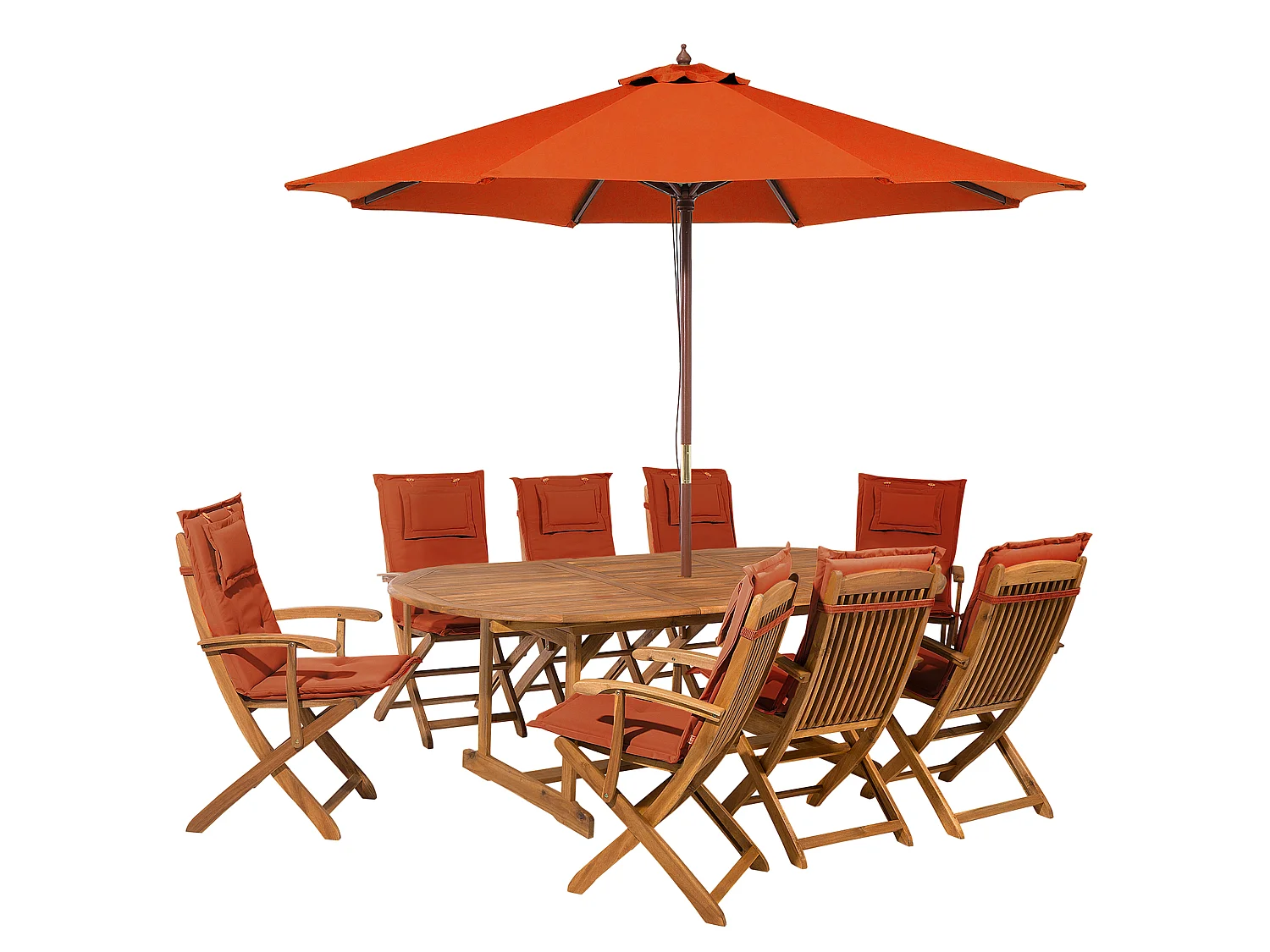 Salle à manger de jardin 8 places MAUI avec parasol Acacia Rouge foncé