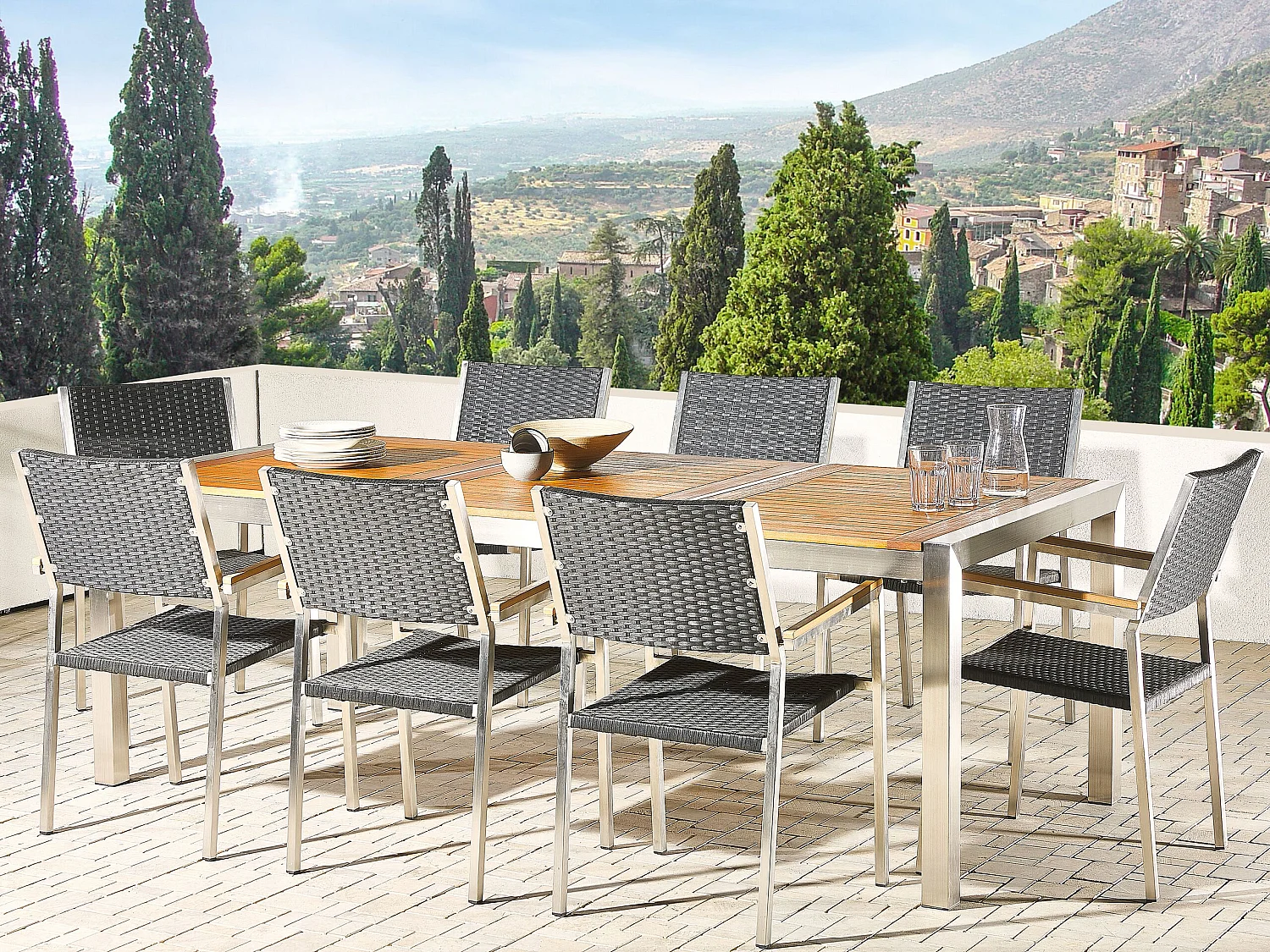 Gartenmöbel Set Tisch 220 cm Eukalyptusholz 8 Rattanstühle in Schwarz Grosseto