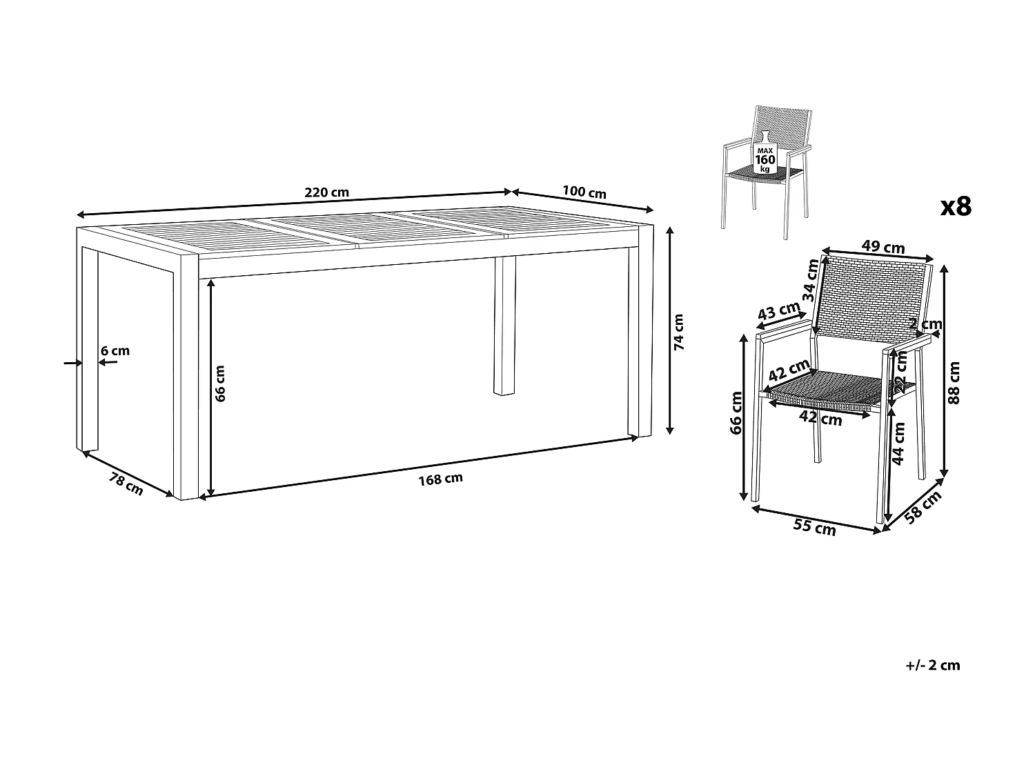 Gartenmöbel Set Tisch 220 cm Eukalyptusholz 8 Rattanstühle in Schwarz Grosseto