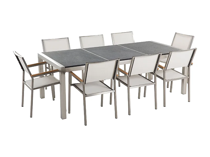 Gartenmöbel Set Tisch 220cm 3 Platten grau geflammt 6 Stühle weiß Grosseto