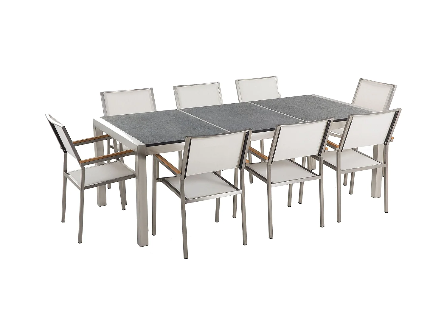 Salle à manger de jardin 8 places GROSSETO Triple plaque Granit Flammé Noir/blanc