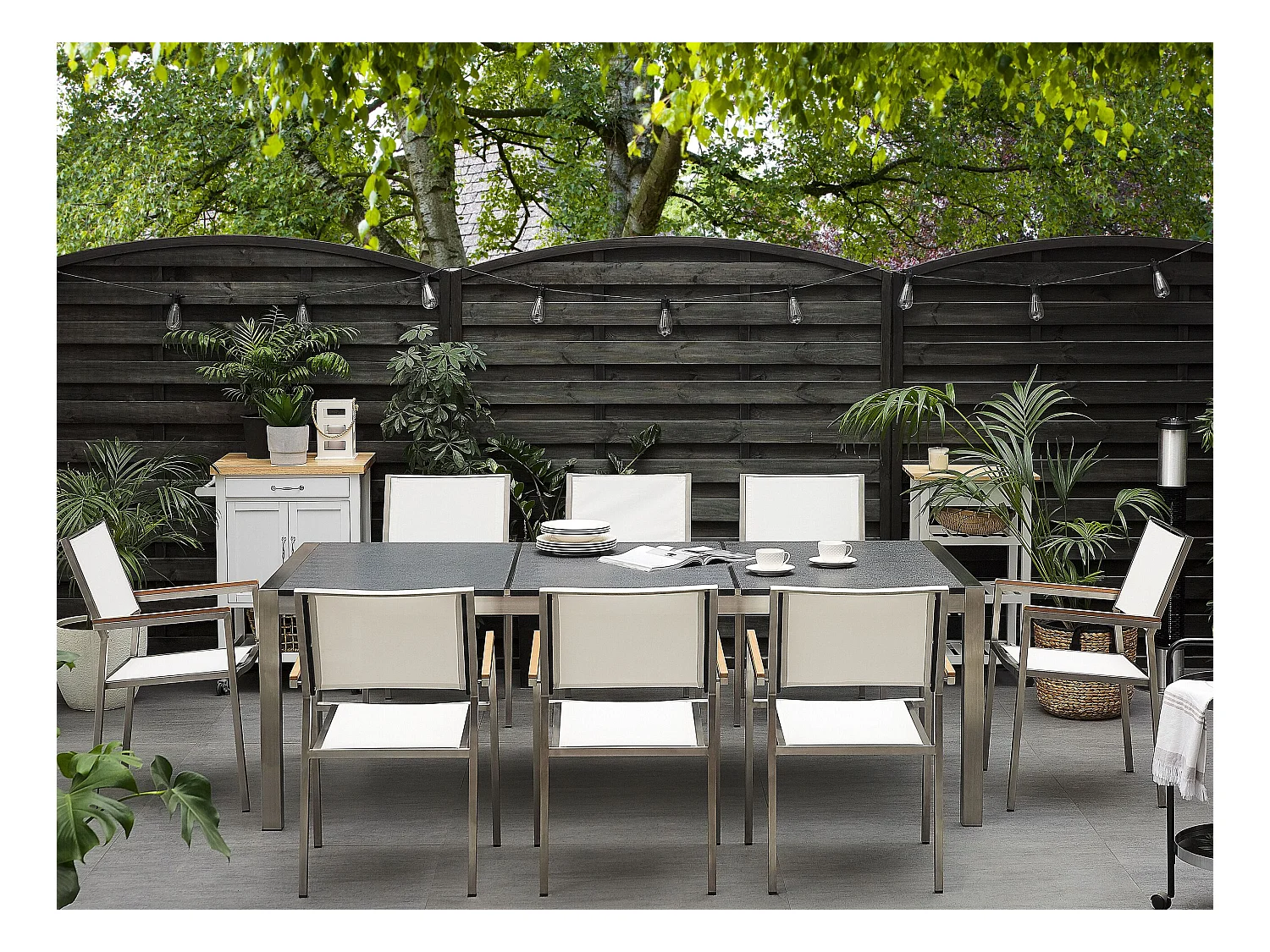 Zestaw ogrodowy dla 8 osób GROSSETO Blat dzielony Granit Płomieniowany Czarny/ biały