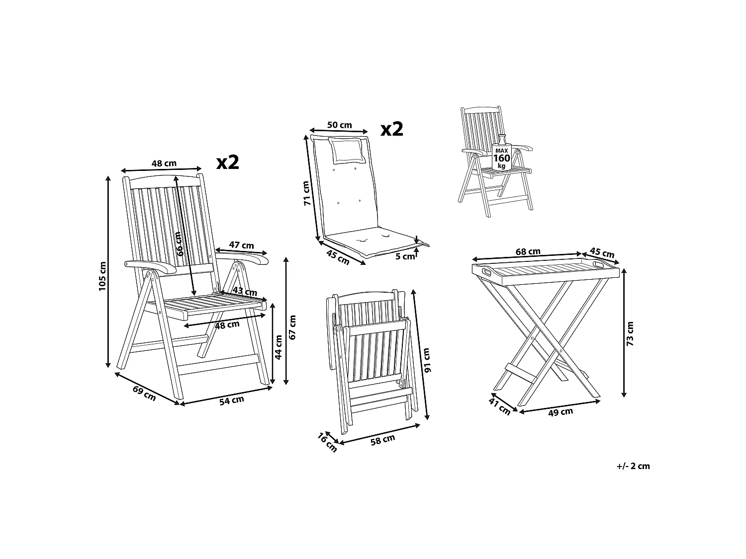 Ensemble bistrot avec coussins Pliant JAVA Acacia Rouge foncé