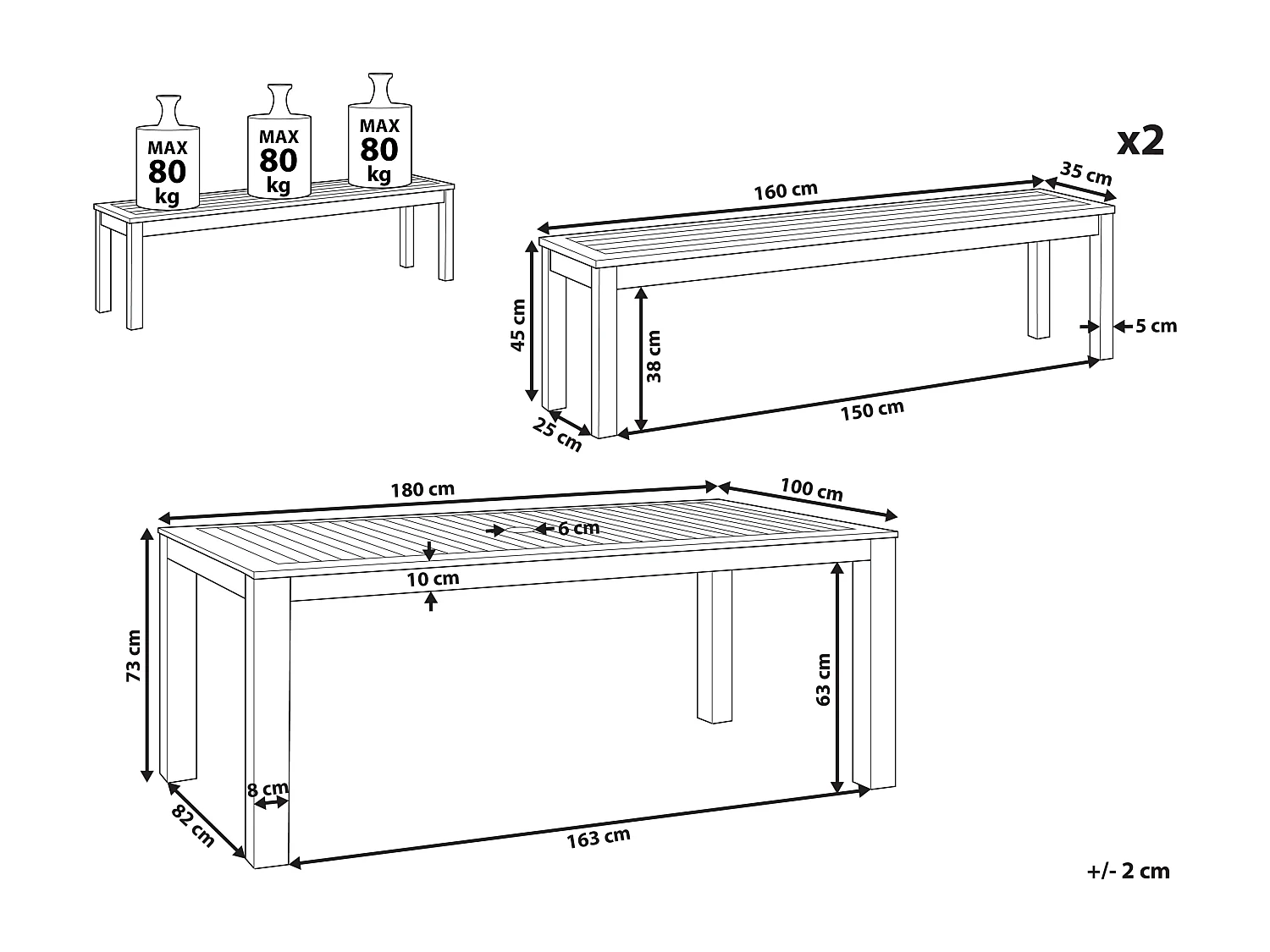 Salle à manger de jardin avec bancs 6 places TUSCANIA Bois d'eucalyptus Marron foncé