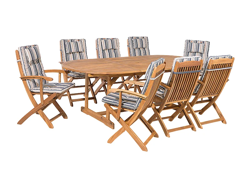 Gartenset Akazienholz hellbraun 8-Sitzer Ausziehtisch Auflagen blau-beige Maui