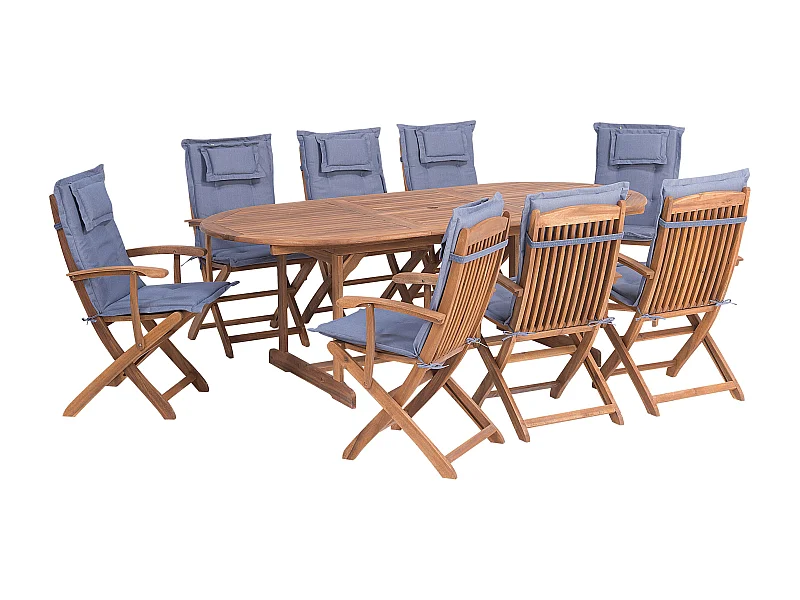 Gartenset Akazienholz hellbraun 8-Sitzer Ausziehtisch Auflagen blau Maui
