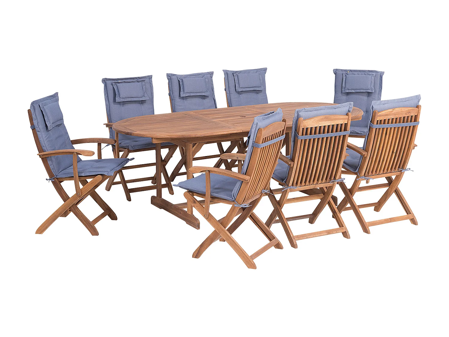 Gartenset Akazienholz hellbraun 8-Sitzer Ausziehtisch Auflagen blau Maui