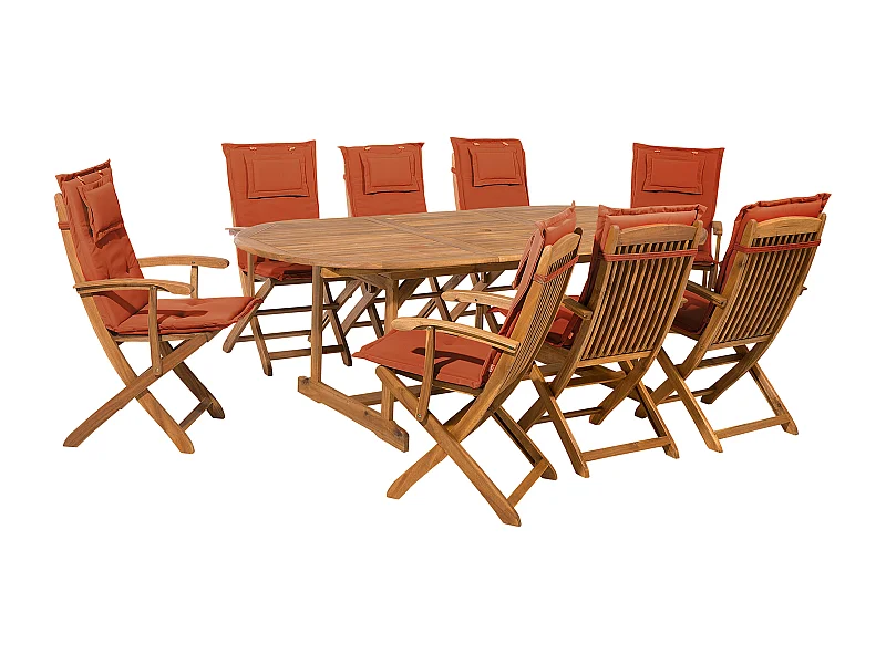 Gartenset Akazienholz hellbraun 8-Sitzer Ausziehtisch Auflagen rot Maui