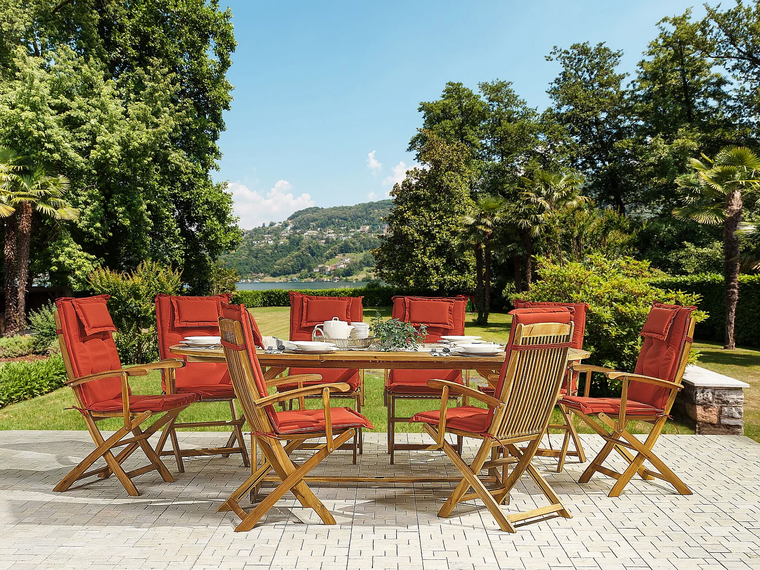 Set da pranzo da giardino 8 posti MAUI con cuscini Legno d'acacia Rosso scuro