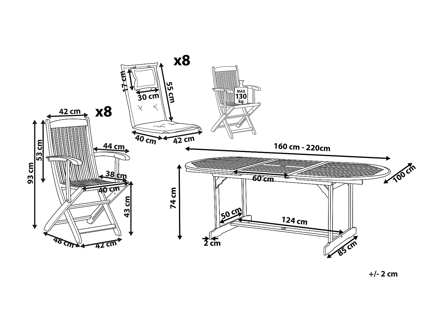 Set da pranzo da giardino 8 posti MAUI con cuscini Legno d'acacia Rosso scuro