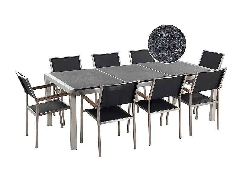 Gartenmöbel Tisch aus Steingemisch 8 Stühle grau / schwarz 220 cm Grosseto