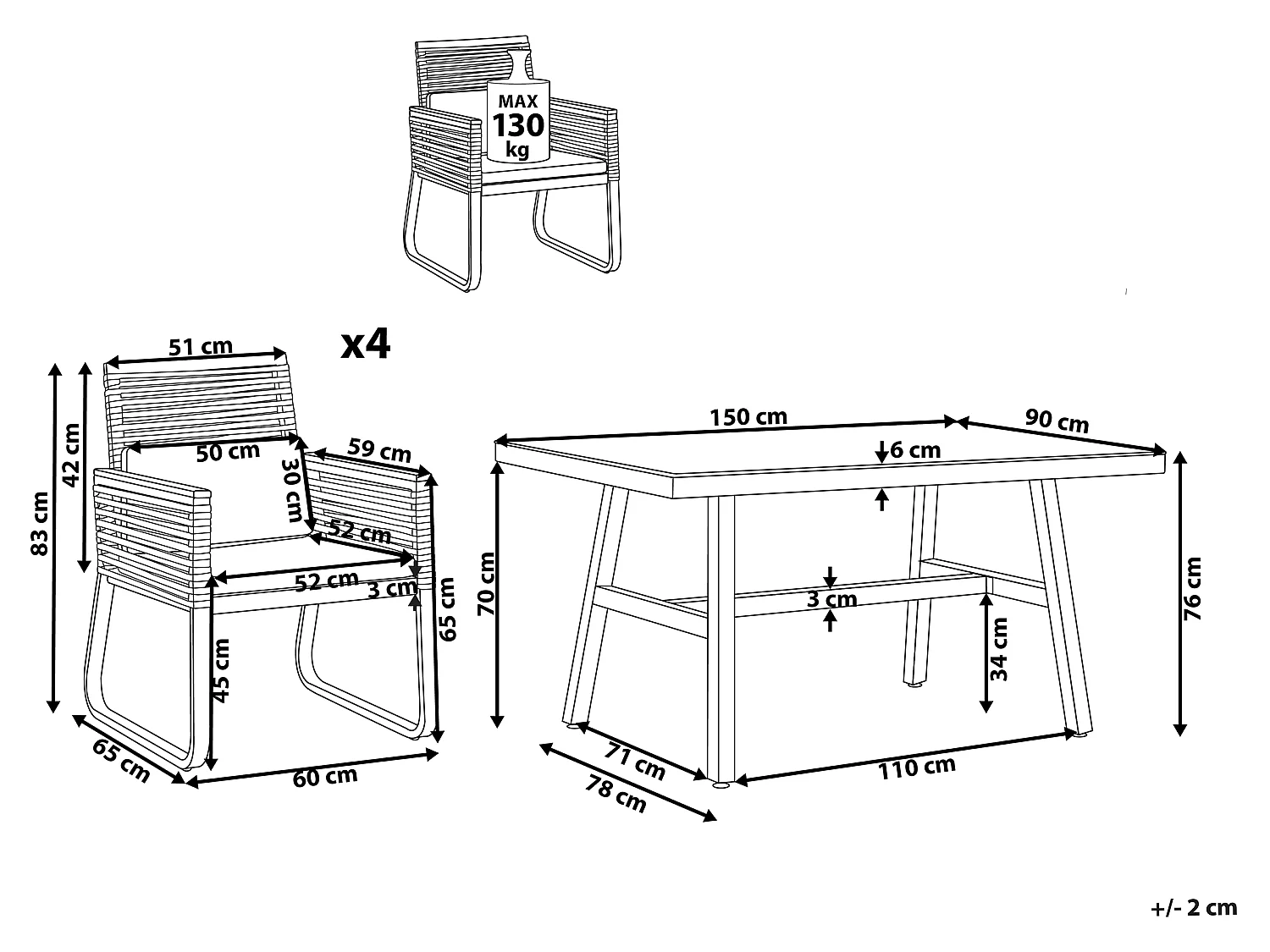 Zestaw ogrodowy dla 4 osób CANETTO z poduszkami Metal Czarny