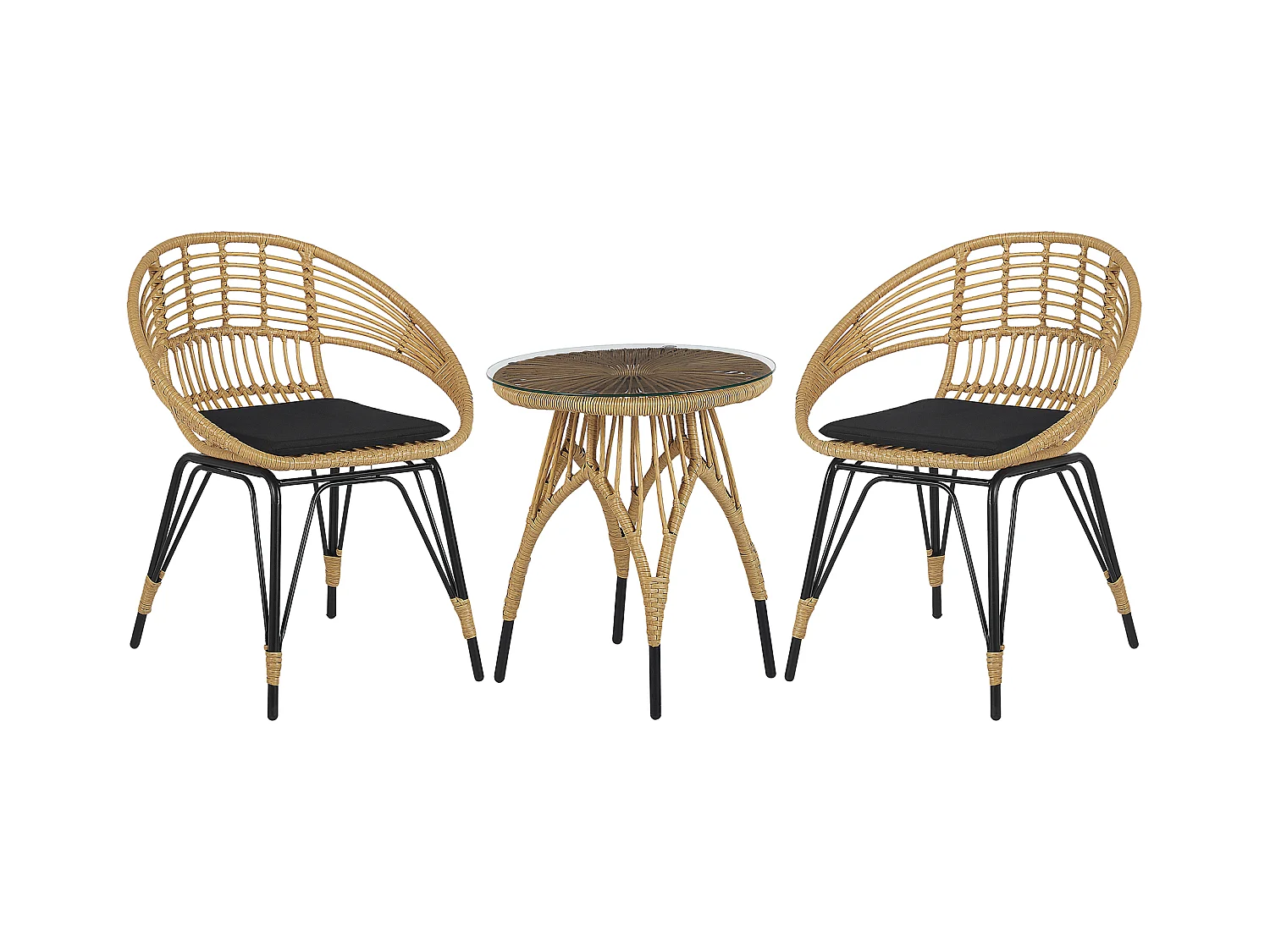 Balkonset Tisch mit 2 Sesseln Rattan hellbraun Metall schwarz Auflagen Pellaro