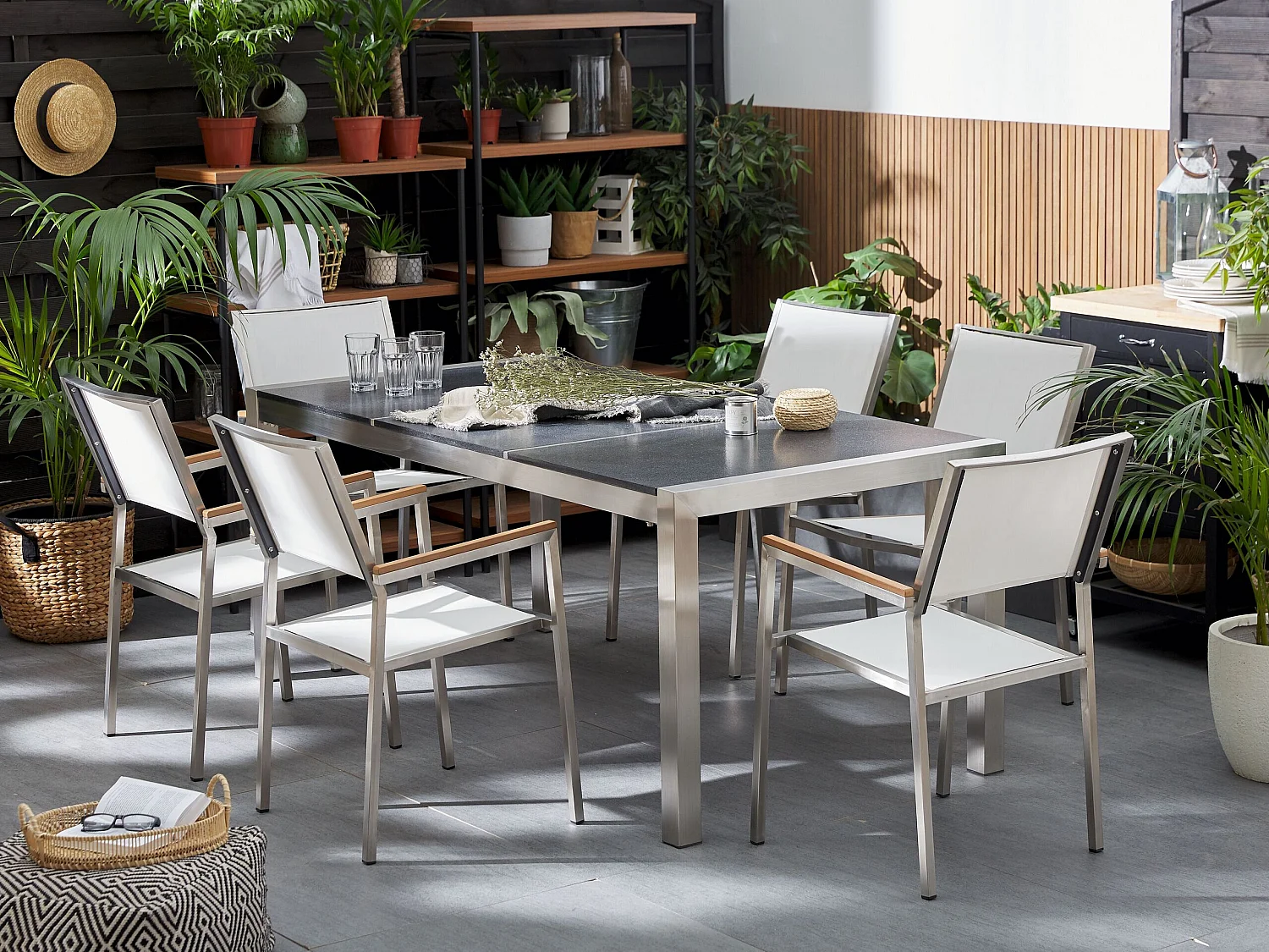 Gartenmöbel Set Tisch 180 cm mit 3 Platten grau silber 6 Stühle in Weiß Grosseto