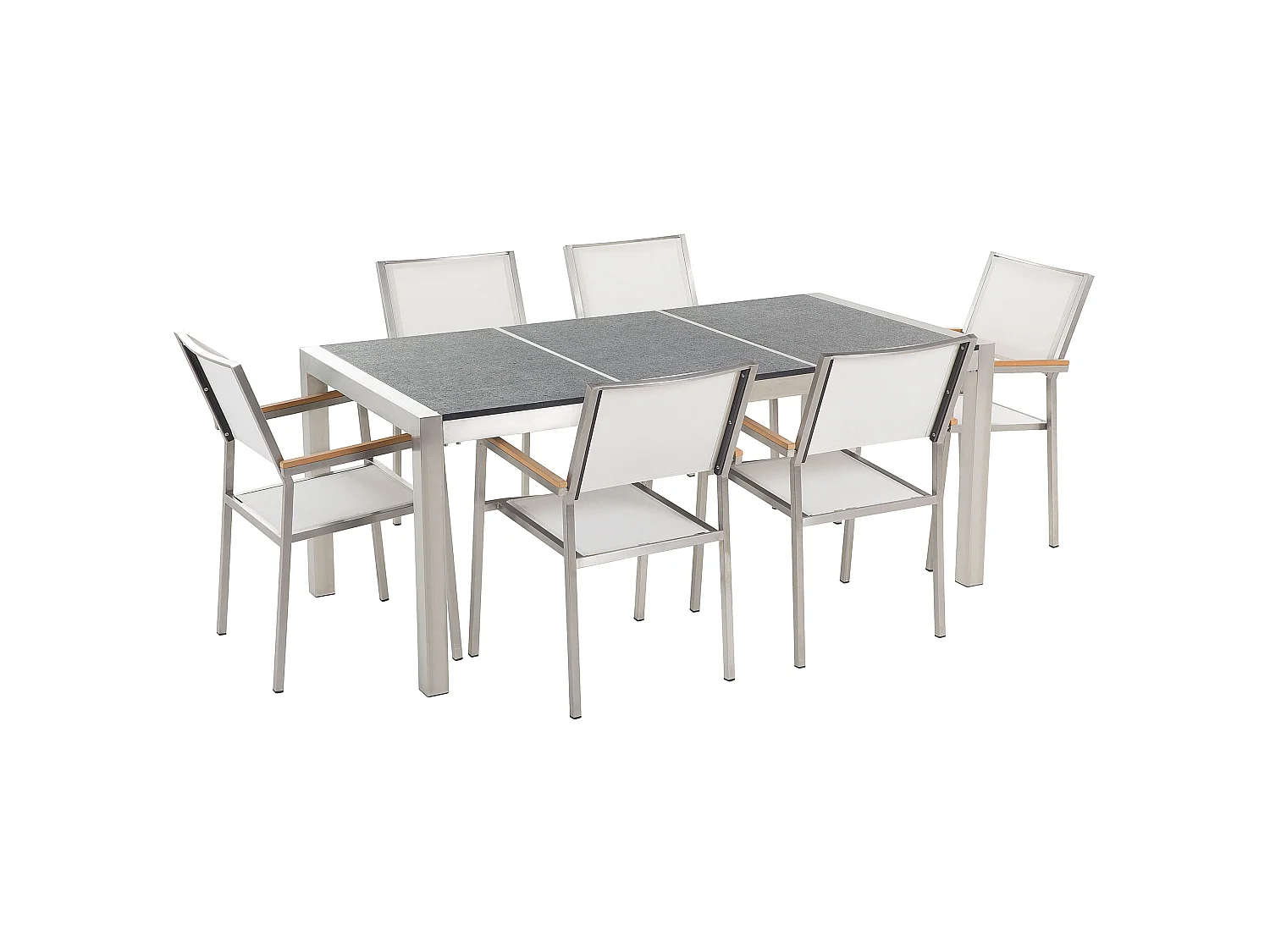 Salle à manger de jardin 6 places GROSSETO Triple plaque Basalte Flammé Noir/blanc