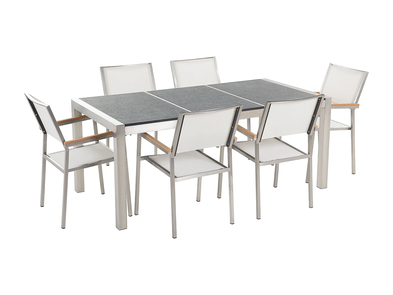 Salle à manger de jardin 6 places GROSSETO Triple plaque Basalte Flammé Noir/blanc