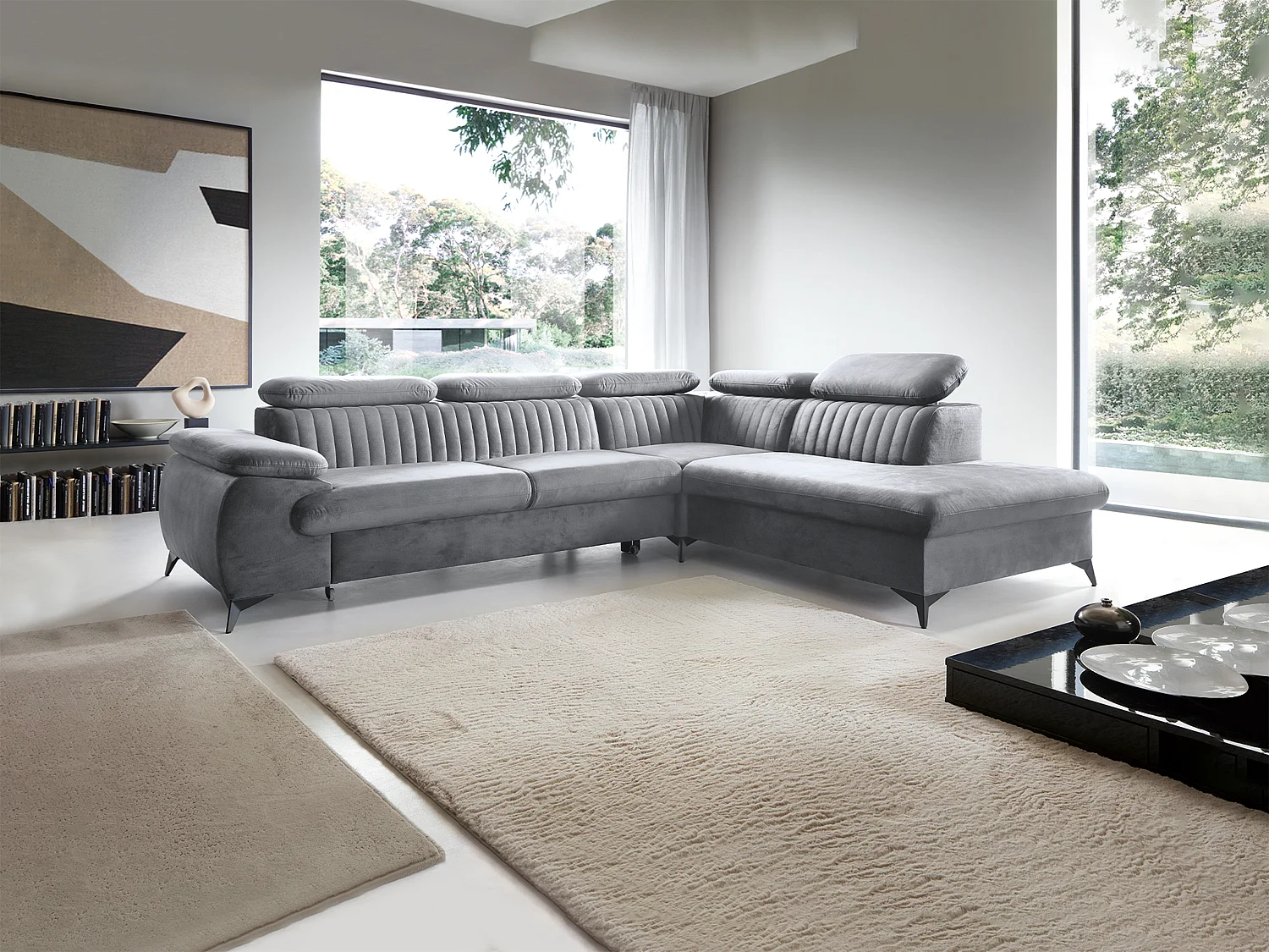Großes Ecksofa mit Schlaffunktion - Ecke rechts - Samt - Hellgrau - SAMARA von Pascal Morabito